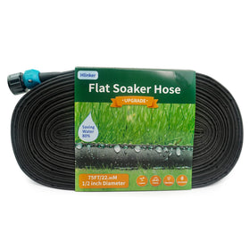 Hlinker Flat Soaker Hose 75ft spread in a garden bed for uniform irrigation.