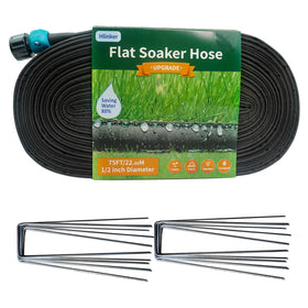Hlinker flat soaker hose laid in garden bed for even root watering.