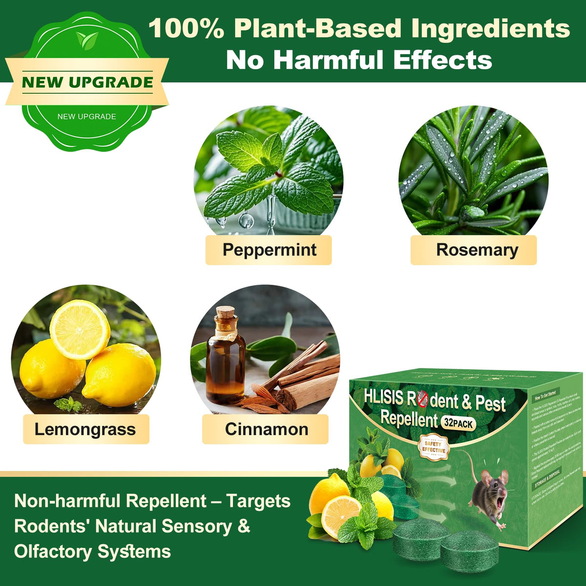 HLISIS peppermint-lemon pellets provide natural scent to deter rodents without chemicals.