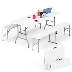 HLPB 6ft folding table with benches in white for outdoor picnics.