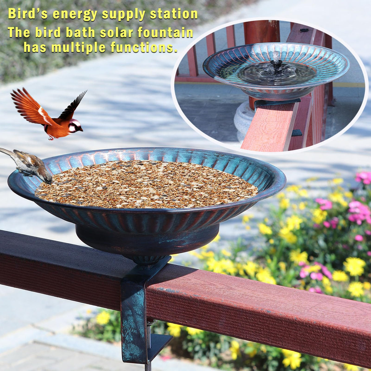 HLQMFHT adjustable clamps keep the bird bath secure on various railing sizes.