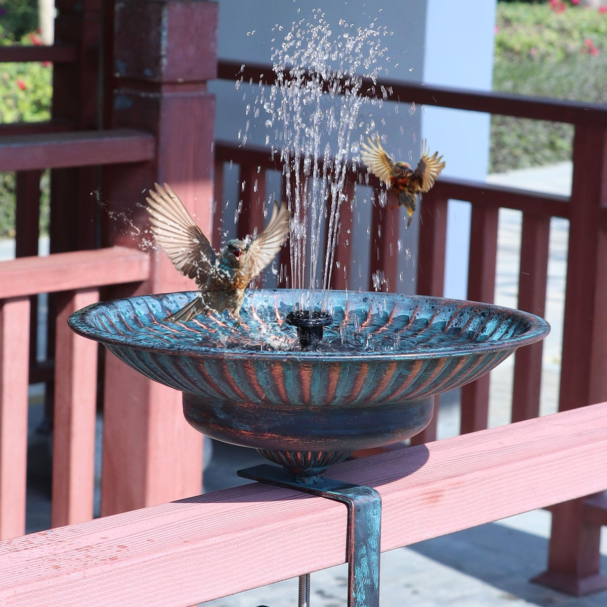 HLQMFHT deck-mounted bird bath bracket provides sturdy support for railing installations.
