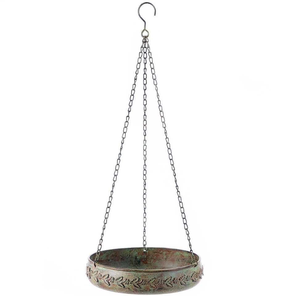 HLQMFHT hanging bird bath outdoors with a metal bowl for bird bathing