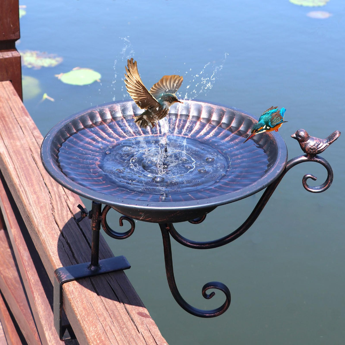 HLQMFHT solar bird bath assembly on railing attracts birds and adds charm.