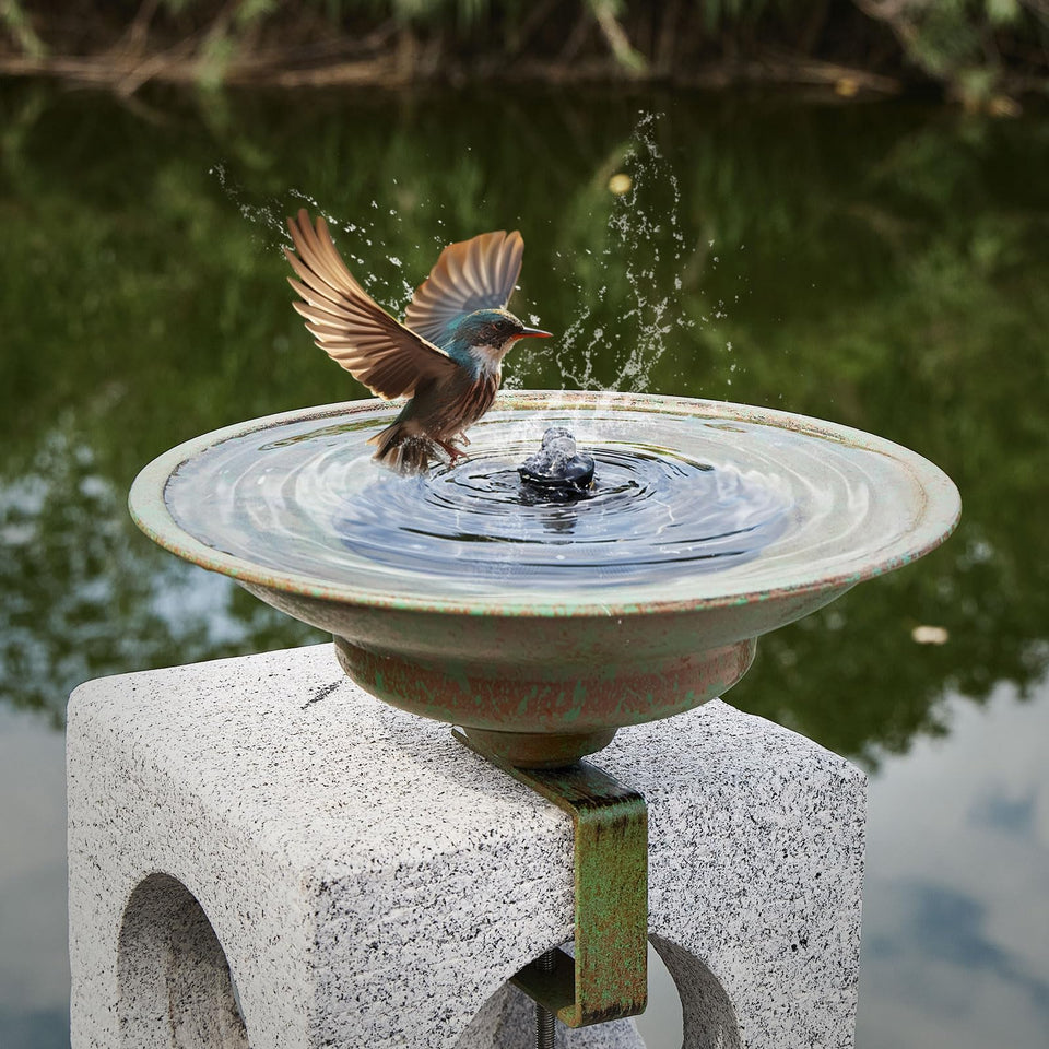 HLQMFHT Solar Bird Bath Deck Kit attracts birds with a sunny water feature on a railing.