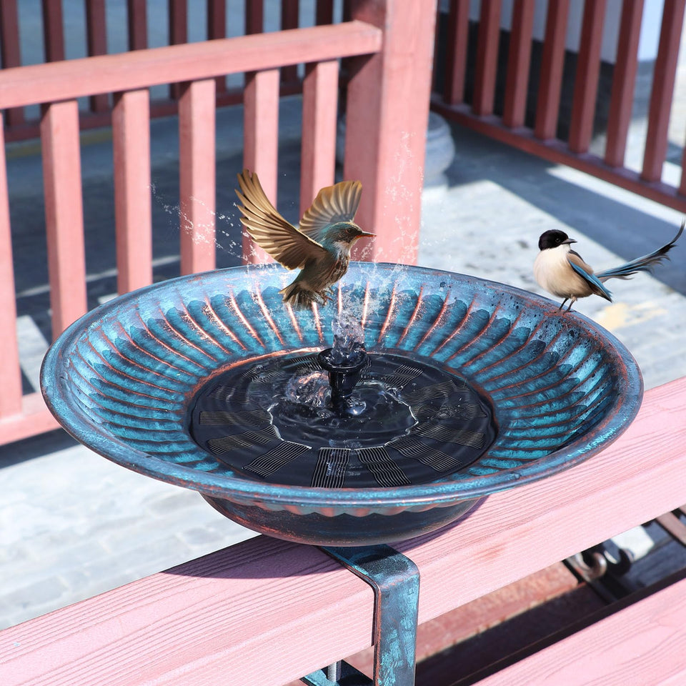 HLQMFHT solar bird bath fountain on deck attracts birds with a gentle splash in direct sun.