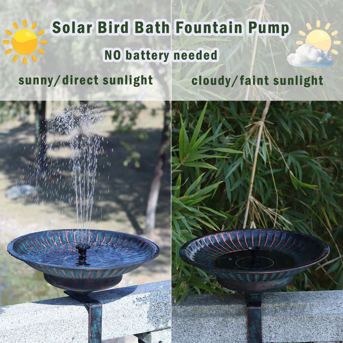 HLQMFHT solar fountain pump runs on direct sunlight for maintenance-free operation.
