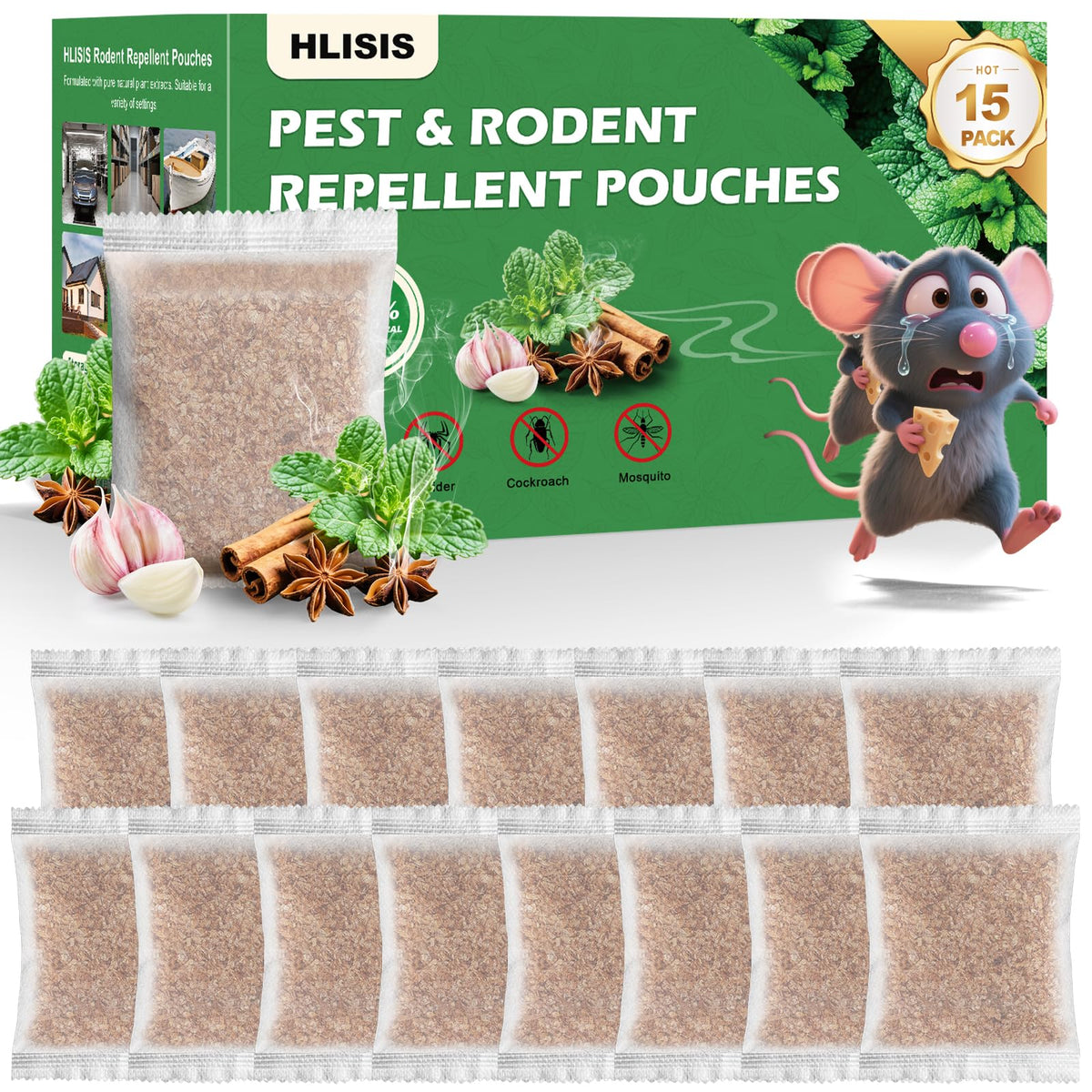 HLISIS 15-pack mouse repellent pouches close-up for indoor deterrence