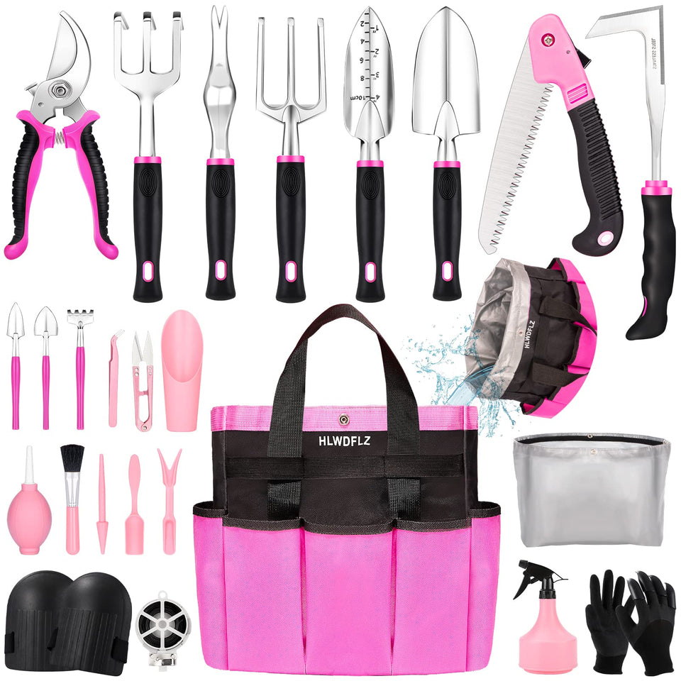 HLWDFLZ Pink Garden Tool Set with detachable bag for organized gardening tasks.