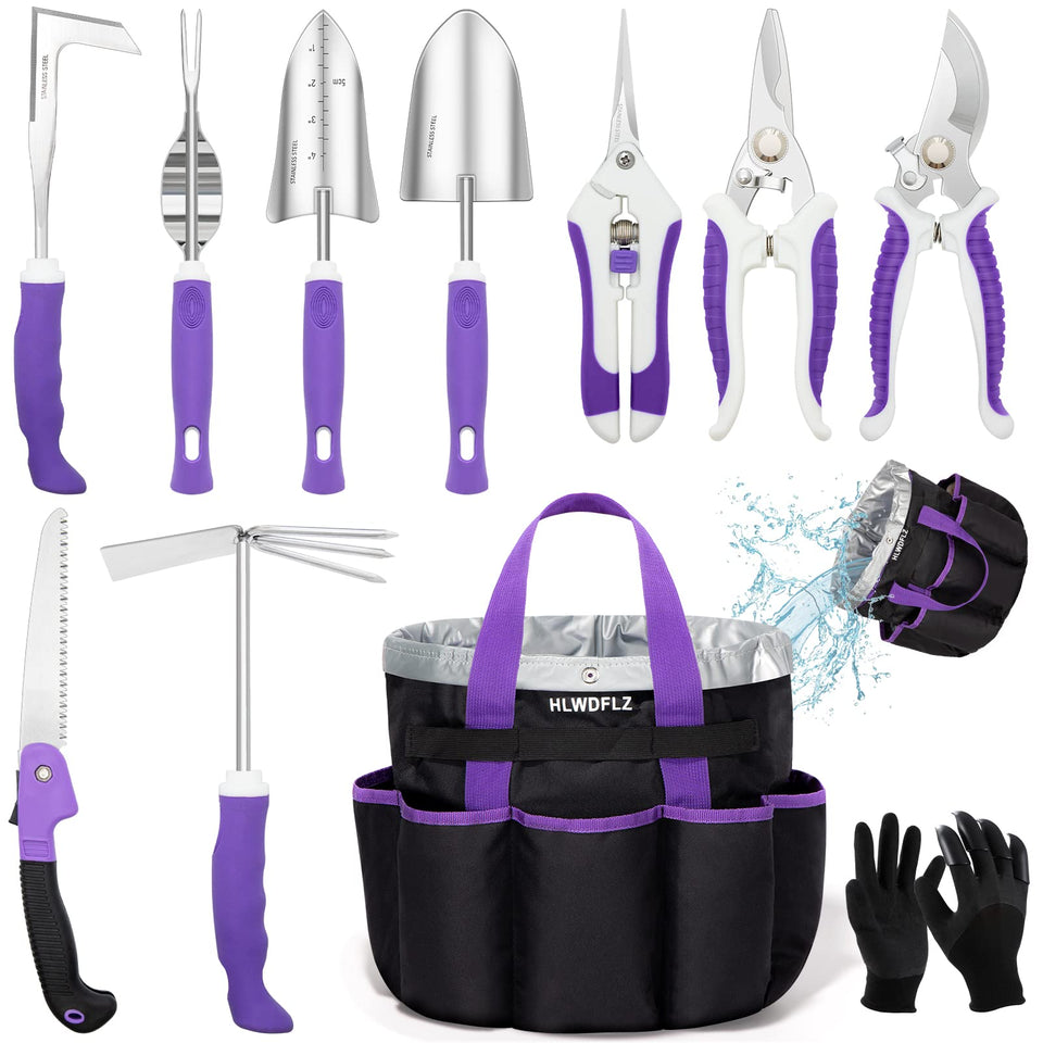 HLWDFLZ Purple Garden Tool Set bag with detachable pocket for organized storage.