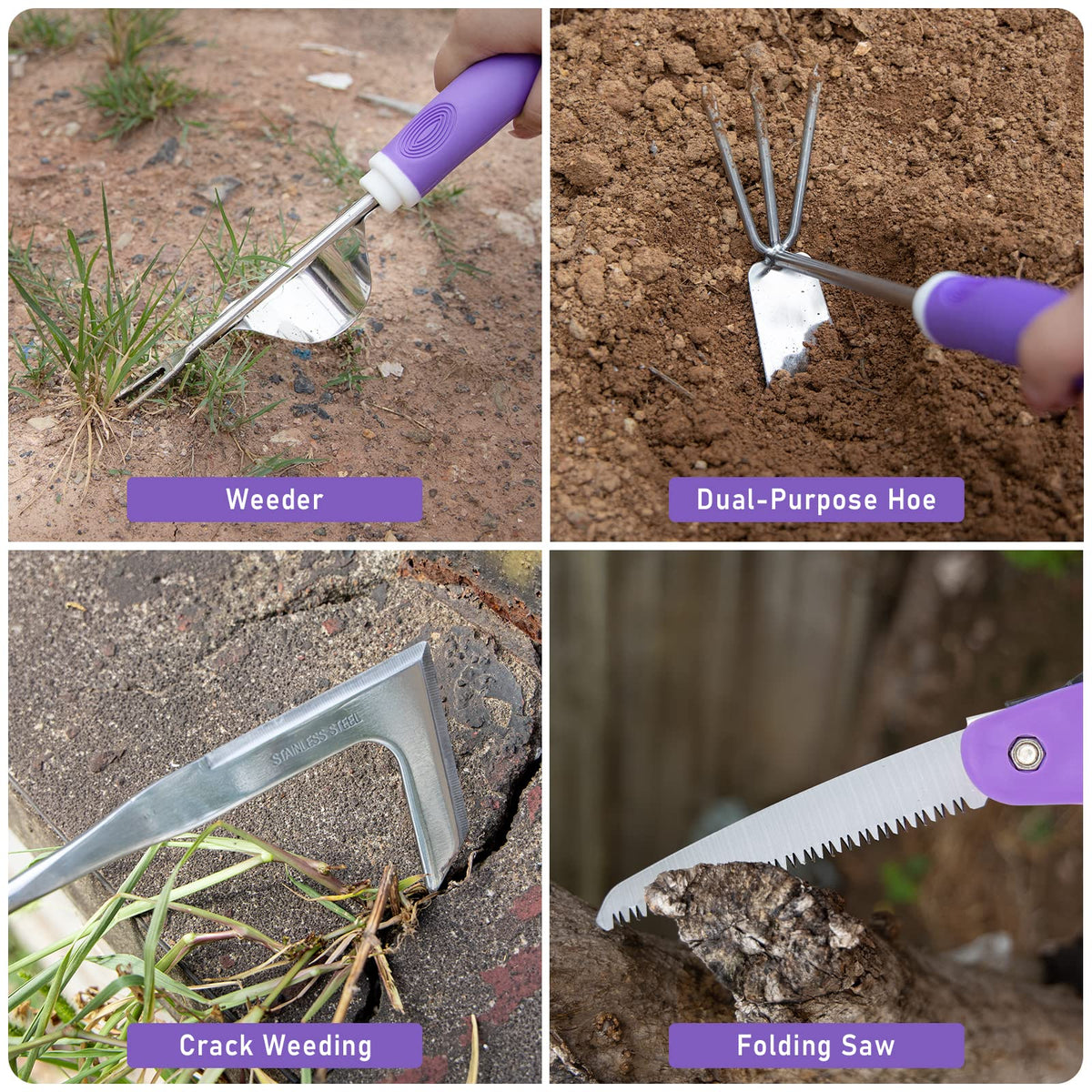 HLWDFLZ Purple Garden Tool Set dual-purpose hoe breaking through compact soil.
