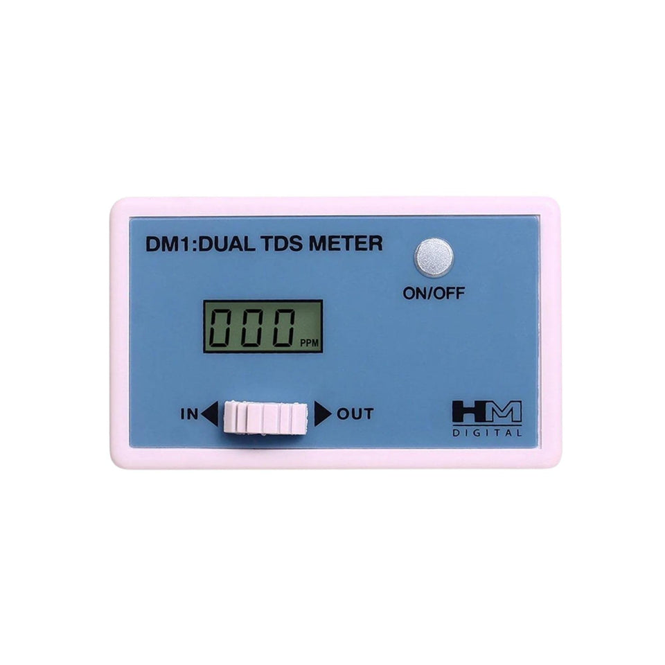 HM Digital DM-1 in-line dual TDS monitor shows feed and product water for filter performance.
