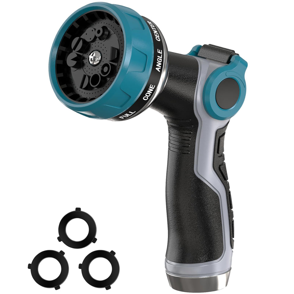 HmiL-U heavy-duty hose nozzle with 10 spray patterns for versatile outdoor use.