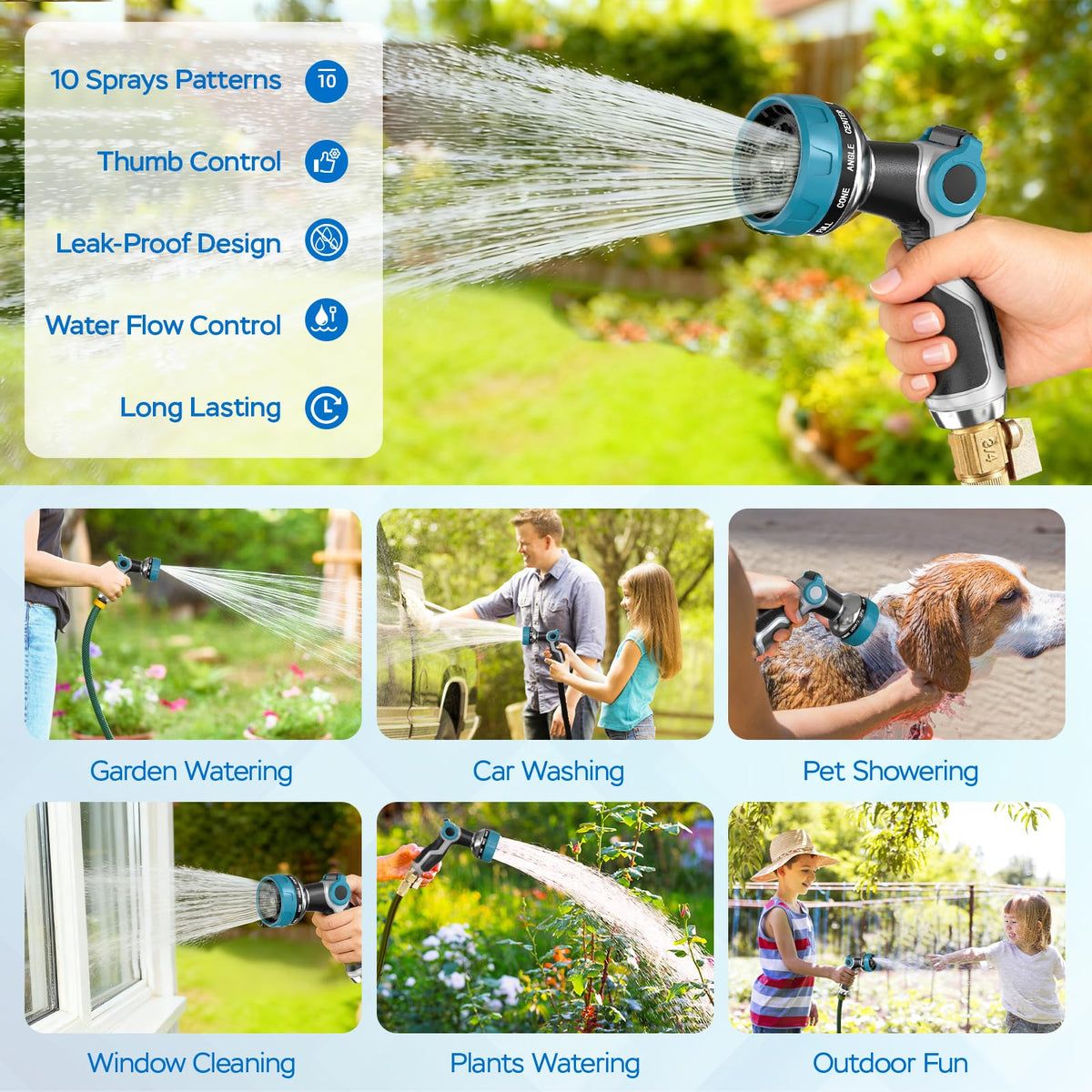 HmiL-U hose nozzle suitable for watering, cleaning, and pet baths.