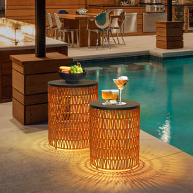 HMVPL two-pack boho end tables with ambient lighting for evenings outdoors.