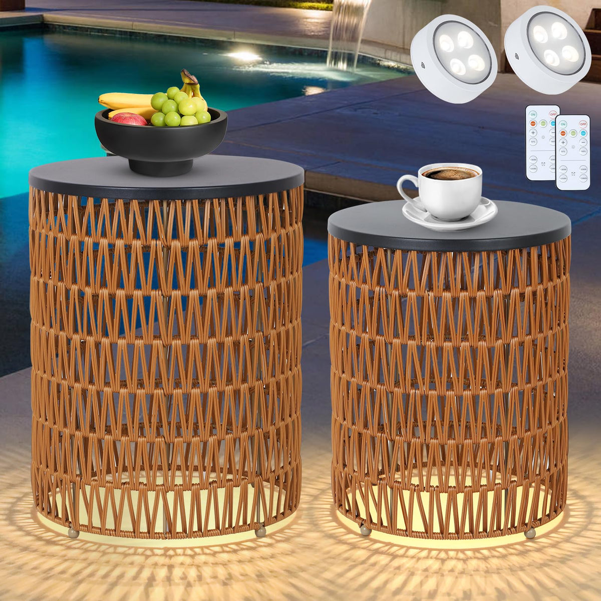 HMVPL outdoor end table with dimmable light and remote for cozy poolside evenings.