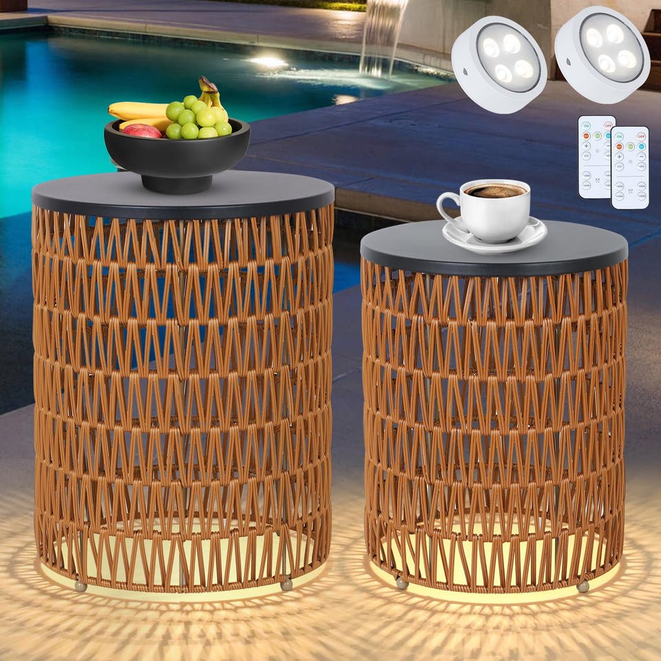 HMVPL outdoor end table with dimmable light and remote for cozy poolside evenings.