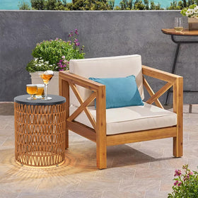 HMVPL durable outdoor table complements poolside décor with chic boho touch.