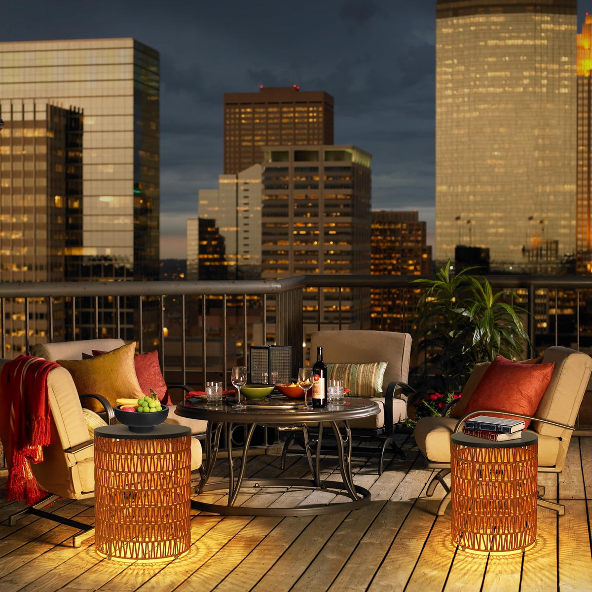 HMVPL weatherproof plastic rattan end table designed for year-round patios.
