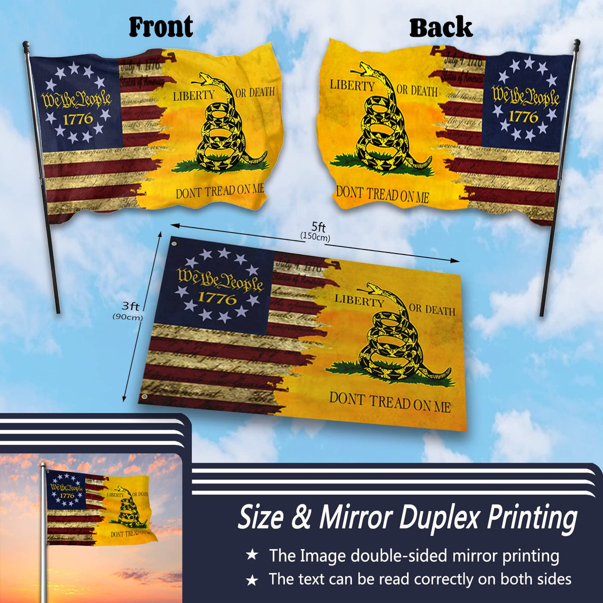 Hnjgno 1776 flag yellow snake design outdoor patriotic banner