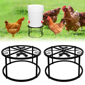 HNONPW metal stand with round base supporting a feeder and waterer in a coop setup