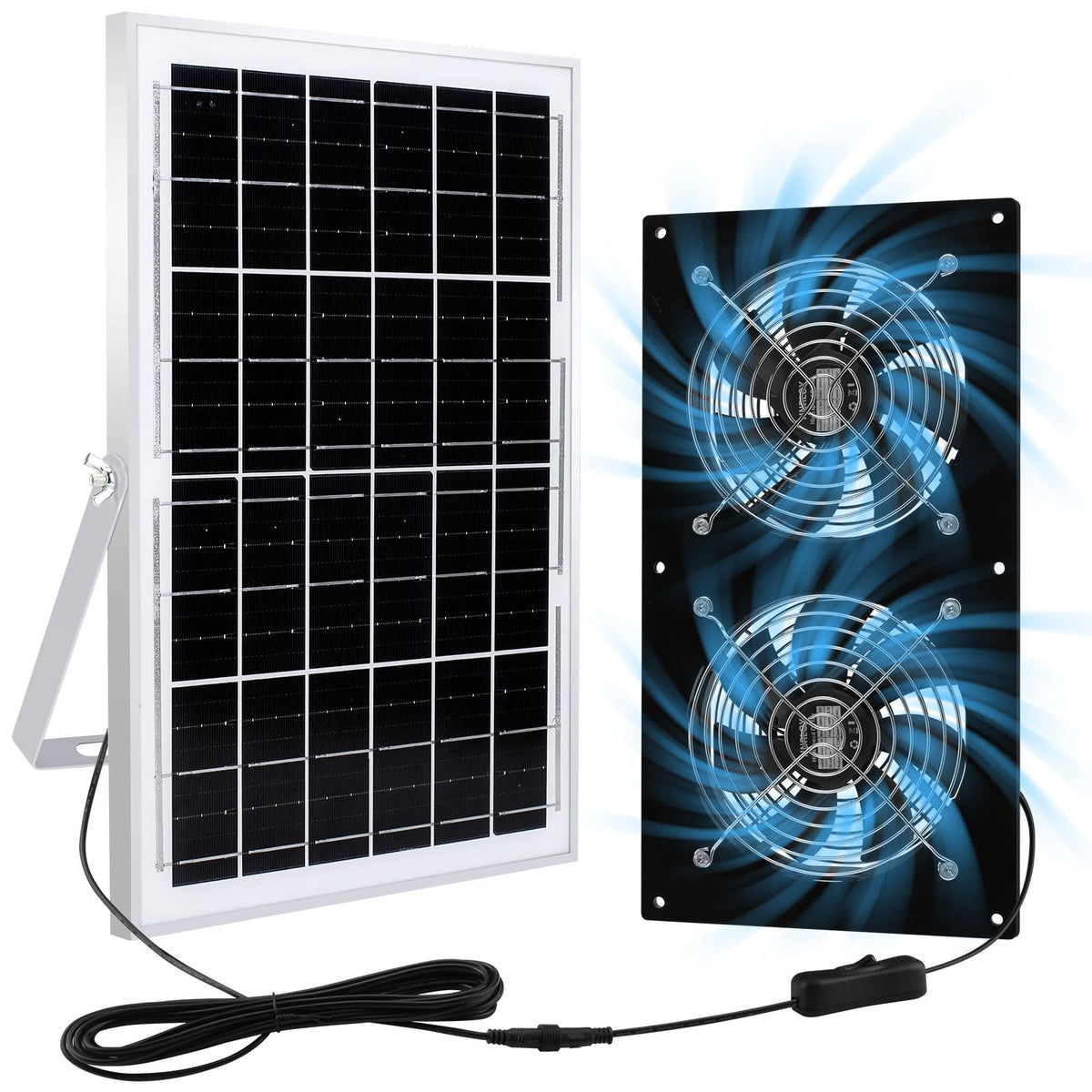 HNRLOY solar panel powers the two high-speed fans for efficient outdoor ventilation.