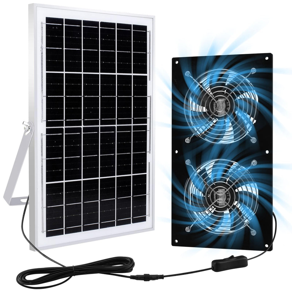HNRLOY solar panel powers the two high-speed fans for efficient outdoor ventilation.