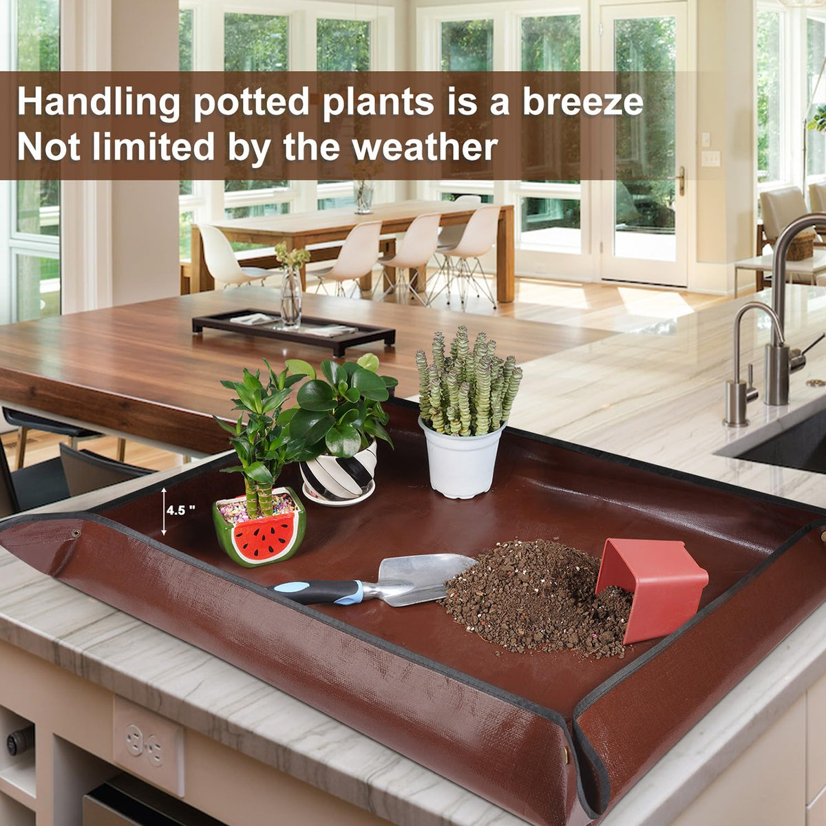 HNXTYAOB repotting mat on kitchen counter aiding container plant transplant