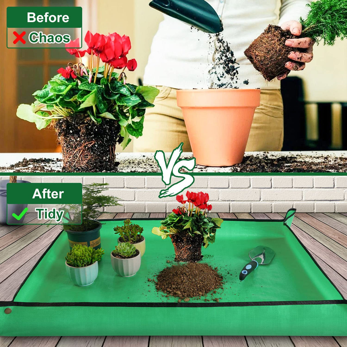 HNXTYAOB potting mat with corner buckle reinforcement keeps soil contained.