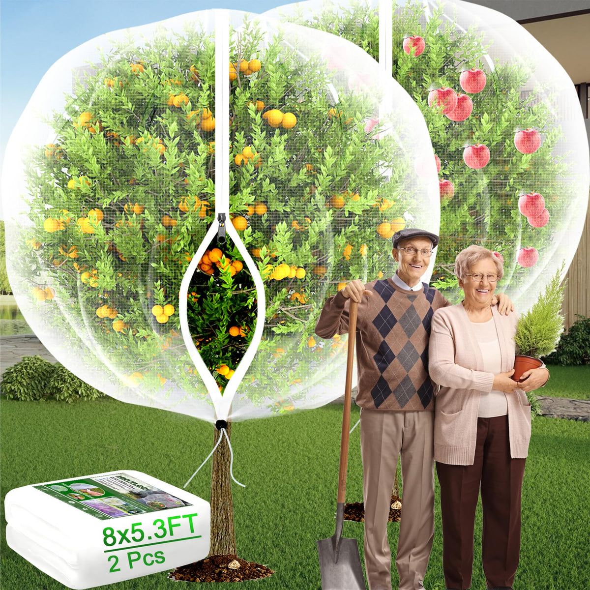 HNYTLCO large fruit tree netting with zipper and drawstring protects trees.