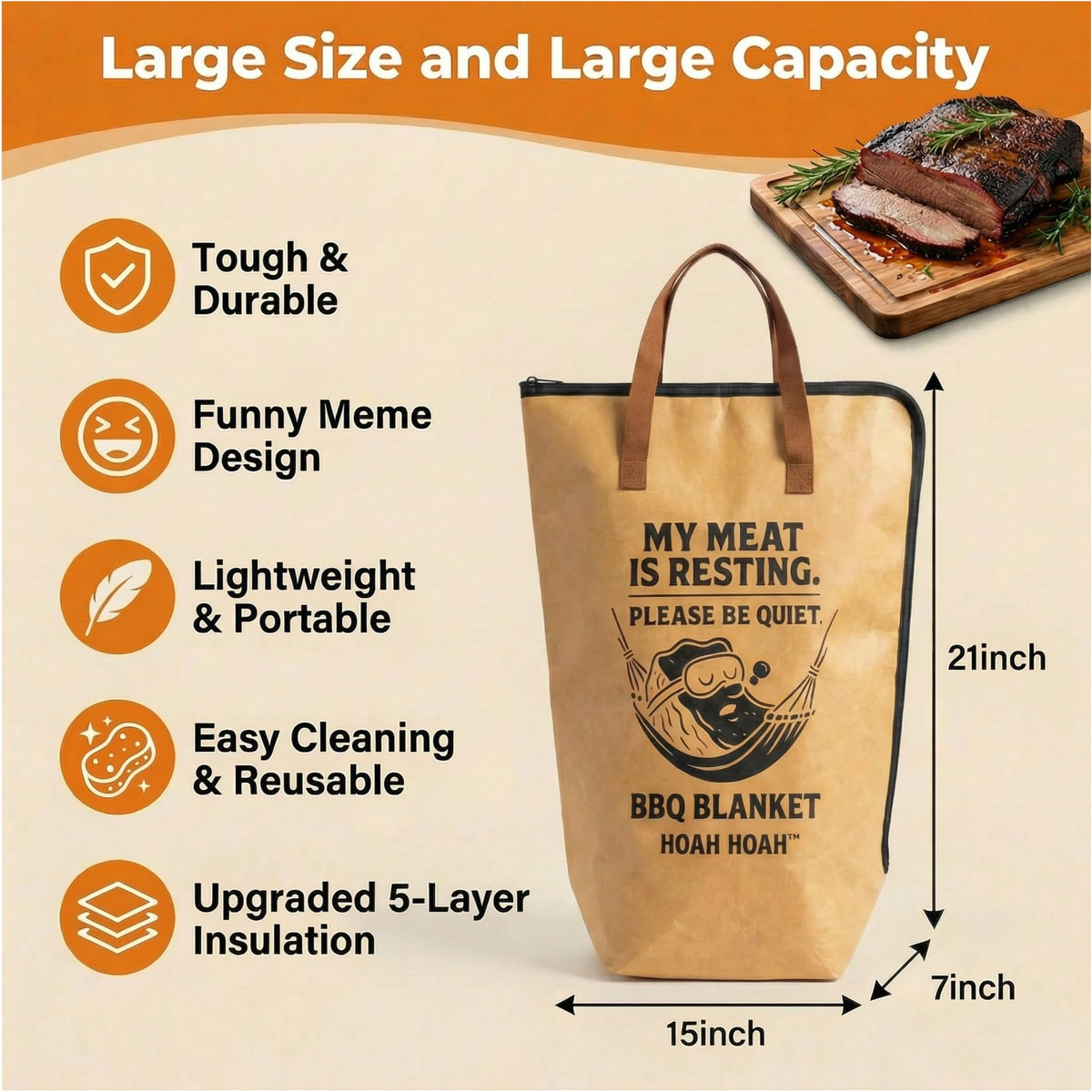 Hoah Hoah BBQ blanket 5-layer insulation protects meat temperature.