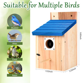 Hoamayya blue birdhouse showing ventilation and drainage features for dry nests