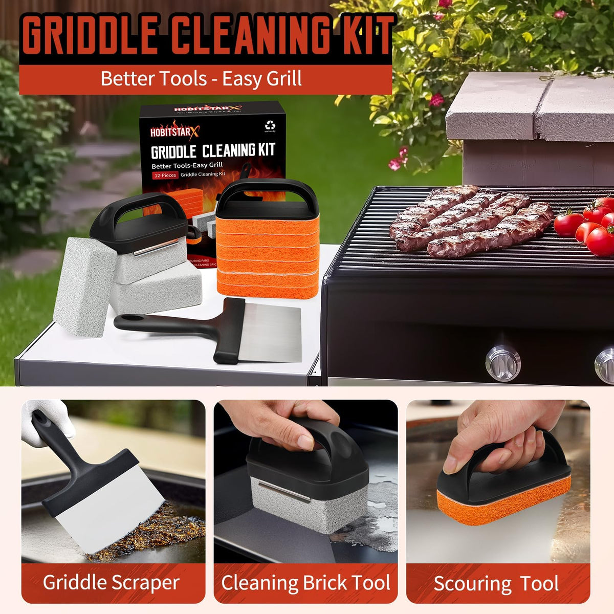 HOBITSTARX griddle stone with handle orange safe residue lifting on grill