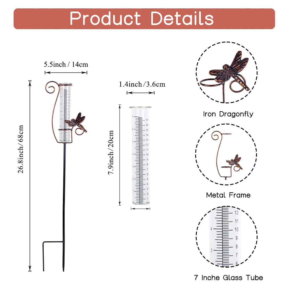 HOBYLUBY dragonfly rain gauge with 7inch glass tube for easy readings.