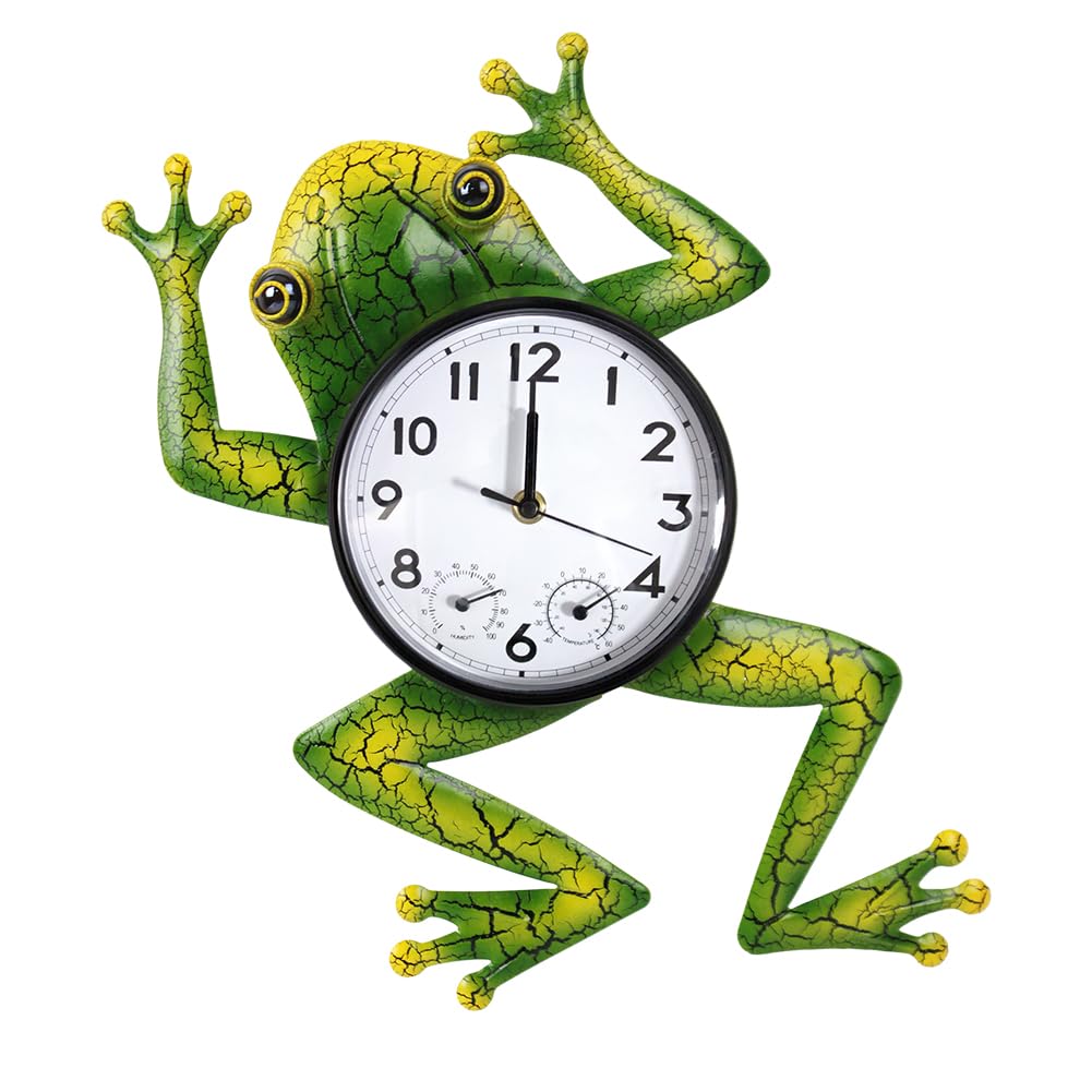 HOBYLUBY frog outdoor clock front view with thermometer and humidity readout for quick patio weather checks