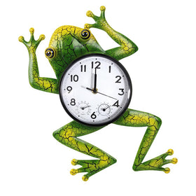 HOBYLUBY frog outdoor clock front view with thermometer and humidity readout for quick patio weather checks