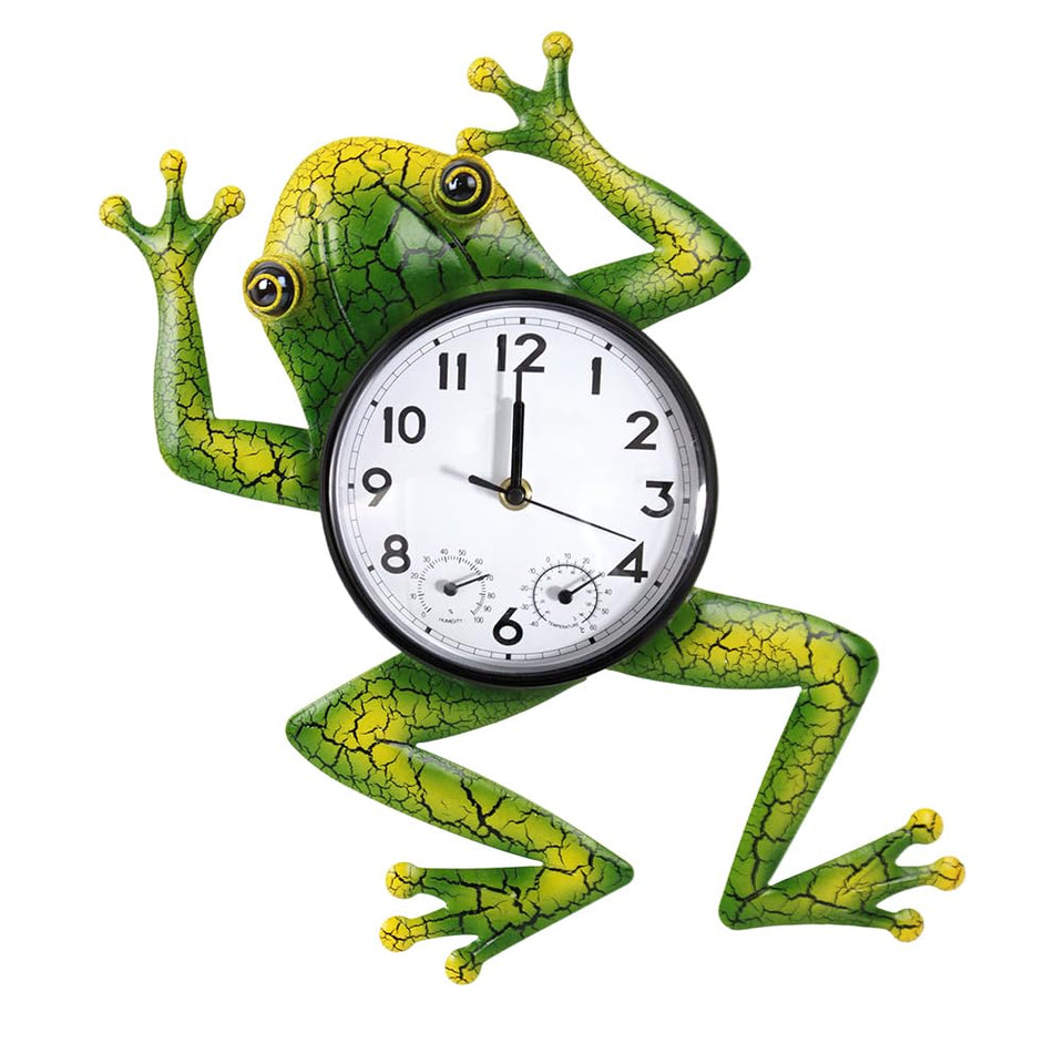 HOBYLUBY frog outdoor clock front view with thermometer and humidity readout for quick patio weather checks