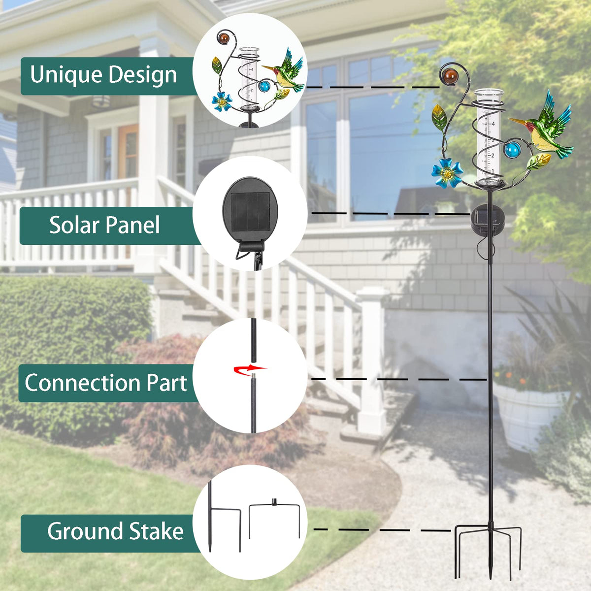 HOBYLUBY hummingbird rain gauge shows easy assembly for quick setup.
