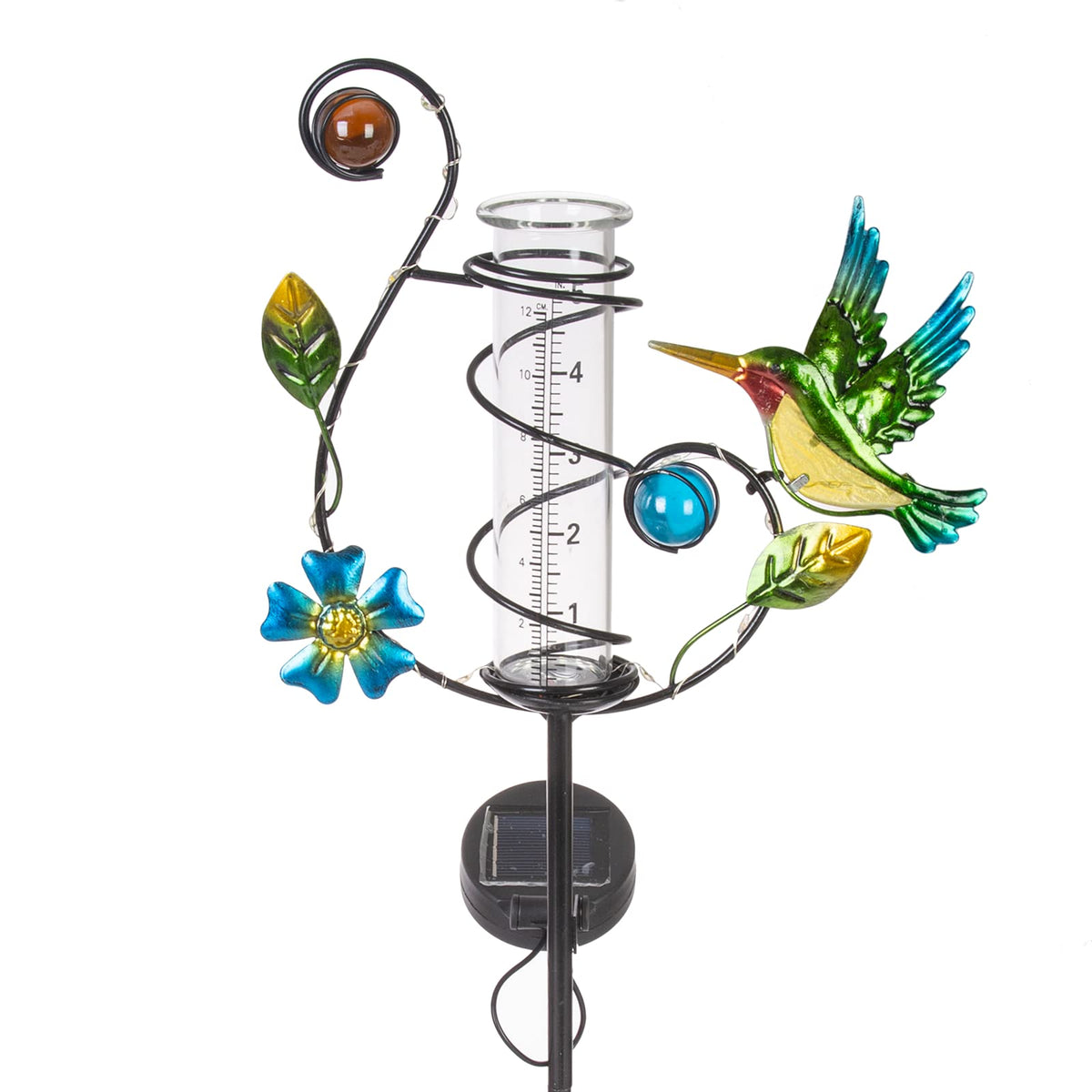 HOBYLUBY hummingbird rain gauge among colorful flowers adds decorative charm while measuring rainfall.