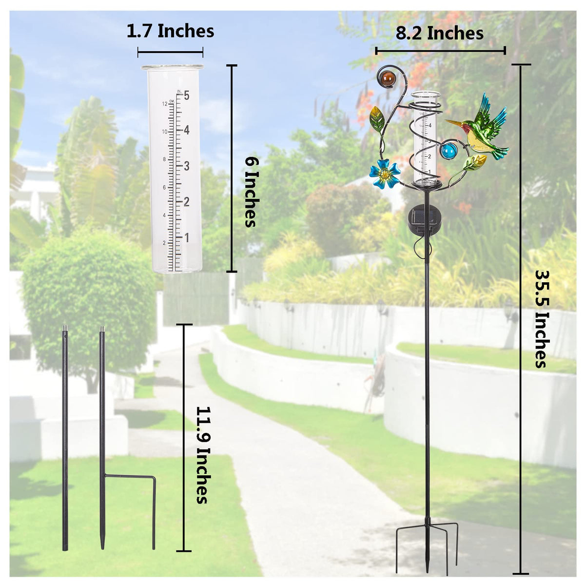 HOBYLUBY hummingbird rain gauge with metal frame highlights yard decor and rainfall data.
