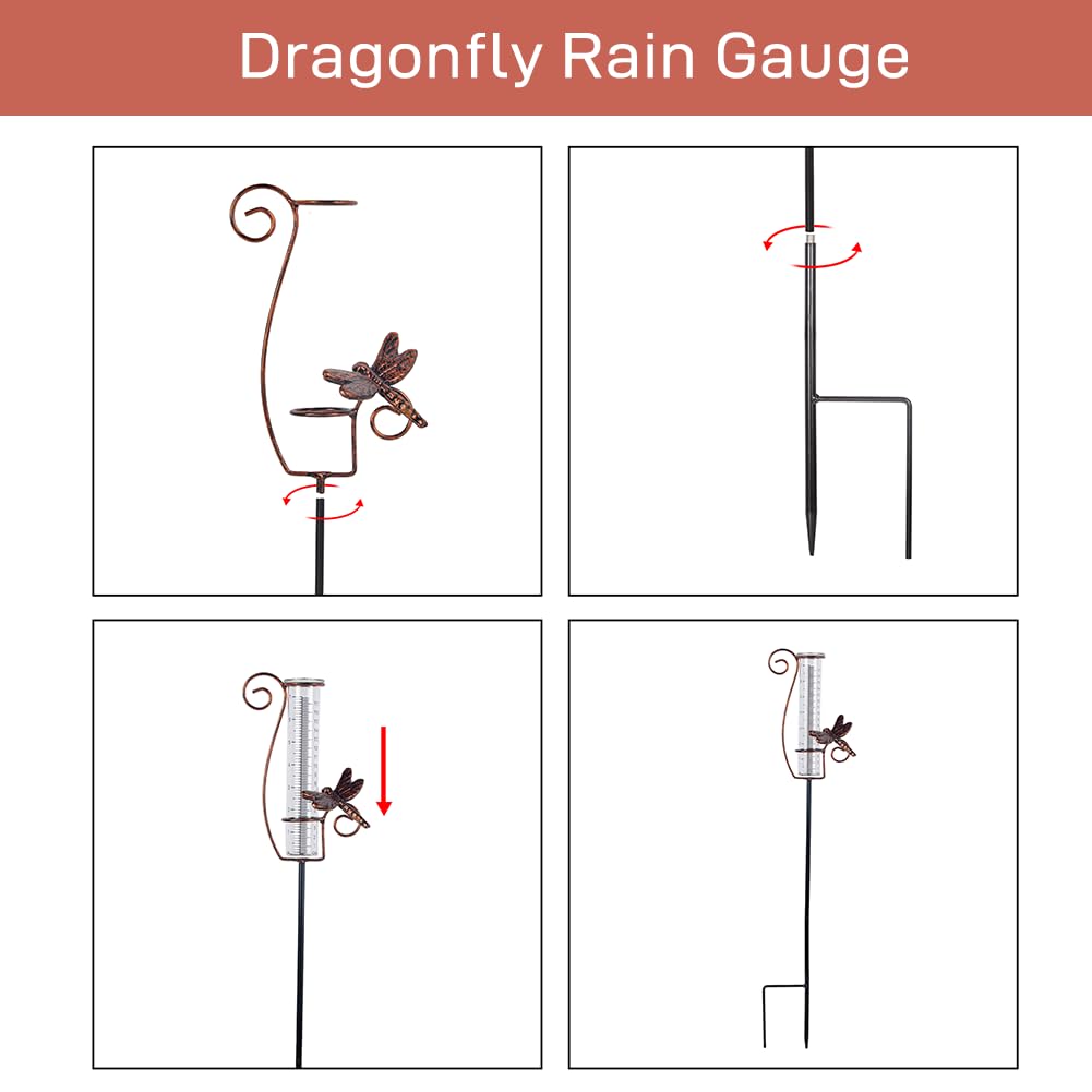 HOBYLUBY dragonfly rain gauge blends with lawn and flowers.
