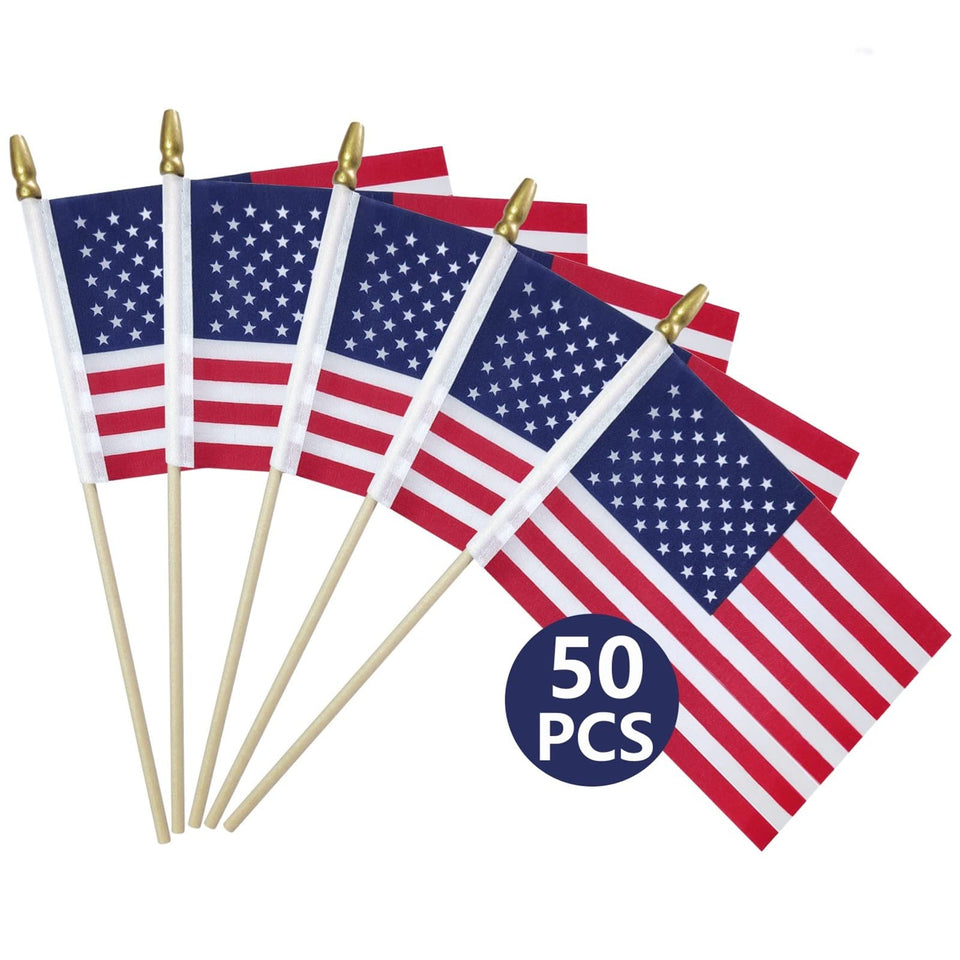 Hocis 50-pack American flags on sticks 4x6 for outdoor display.