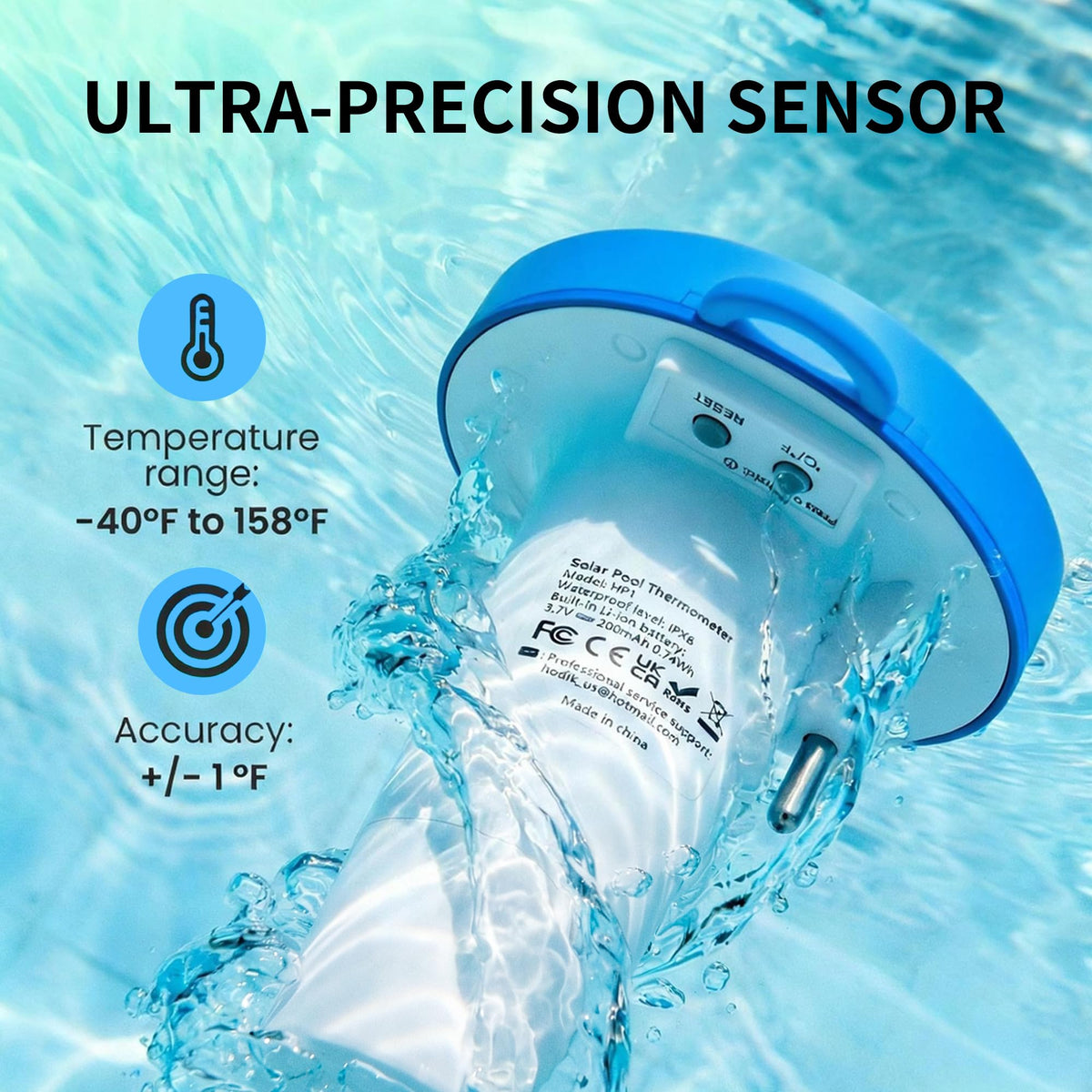 HODIK IPX8 waterproof thermometer withstands submersion during pool and spa use.