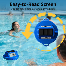 HODIK solar-powered pool thermometer charges in low light for continuous monitoring.