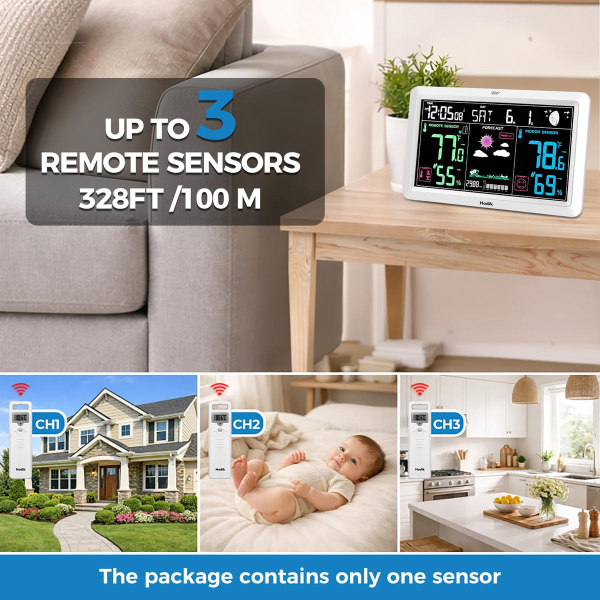 HODIK weather station shows indoor and outdoor temperatures and humidity for quick checks