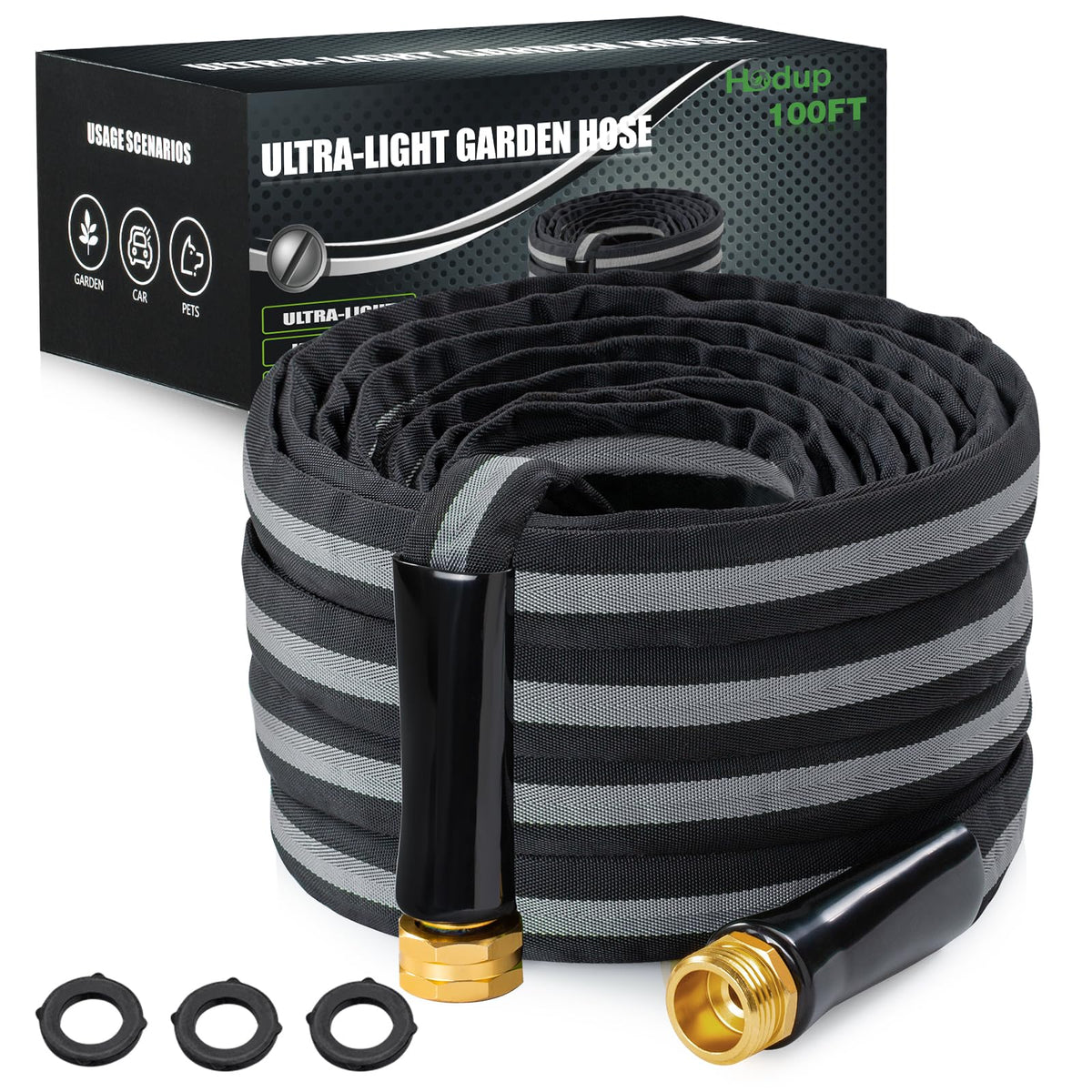 HODUP 100ft lightweight fabric garden hose unfurled for easy maneuvering and watering.