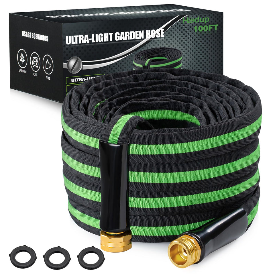 HODUP 100ft garden hose with lightweight design for easy yard watering.