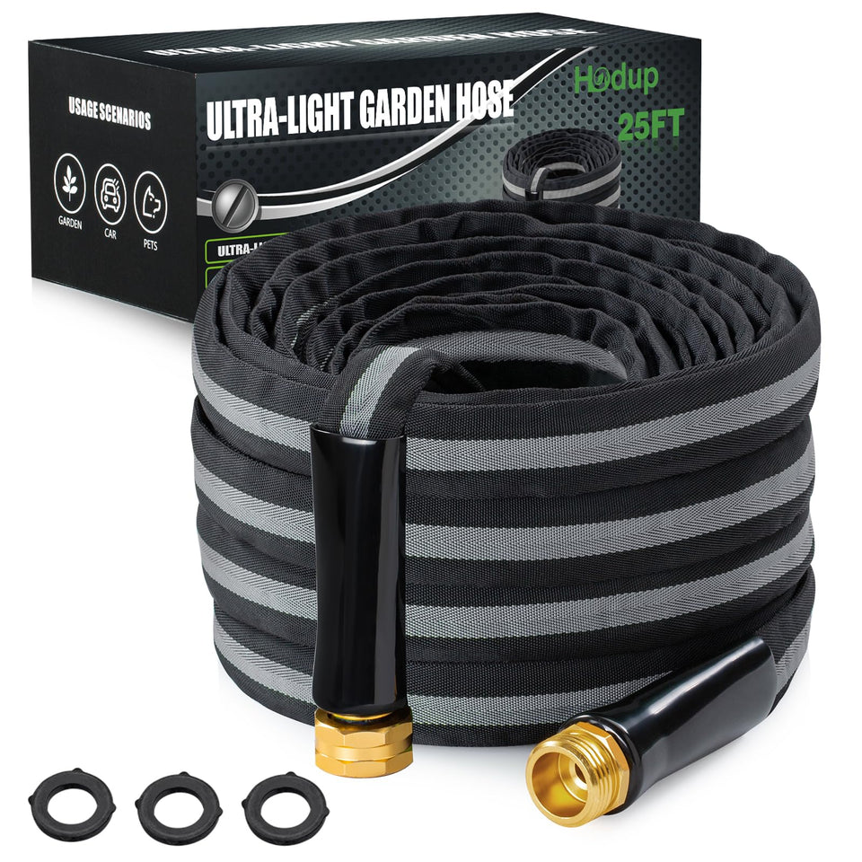 HODUP 15ft lightweight fabric garden hose highlights portability for easy yard watering.