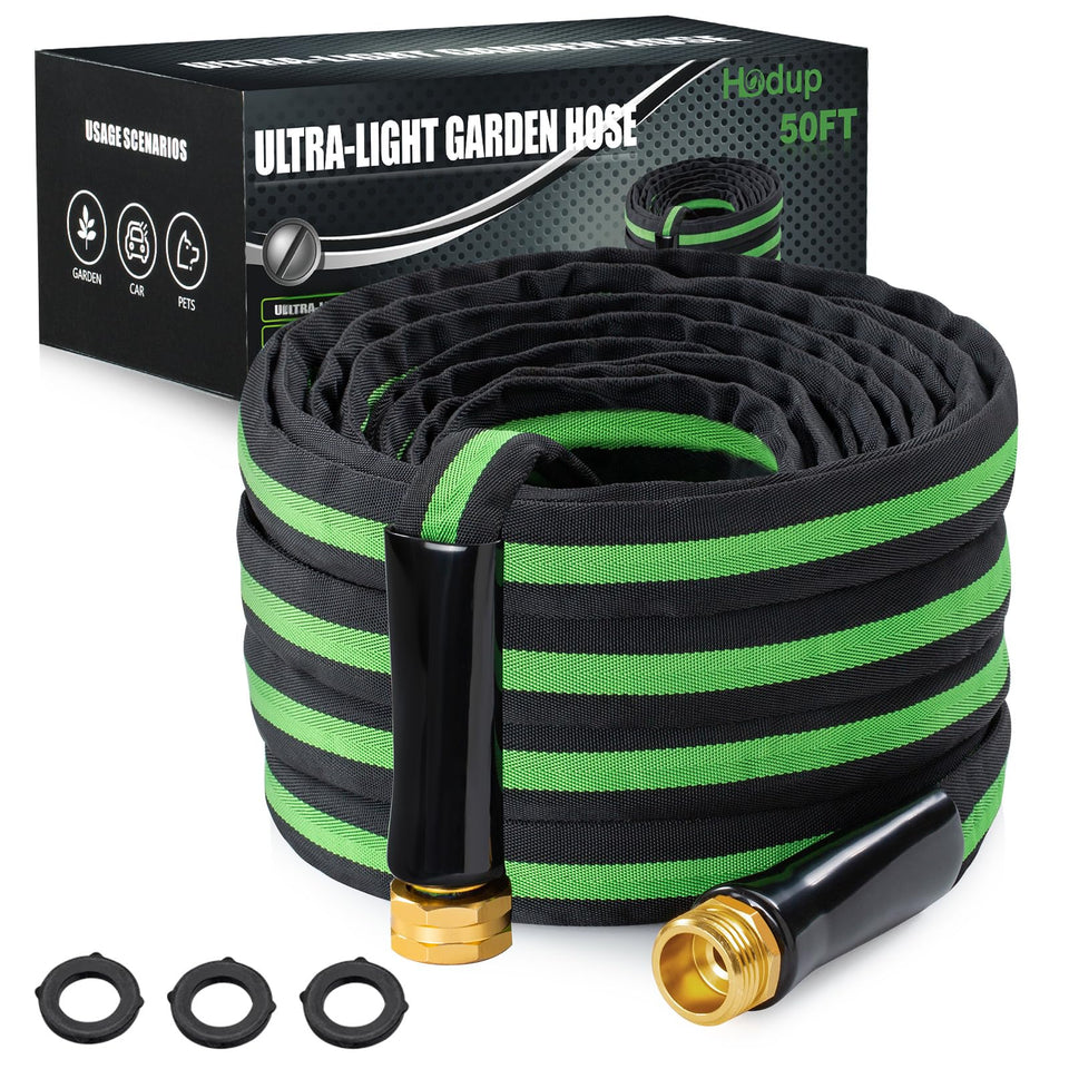 HODUP 50ft garden hose is lightweight and easy to maneuver for yard tasks.