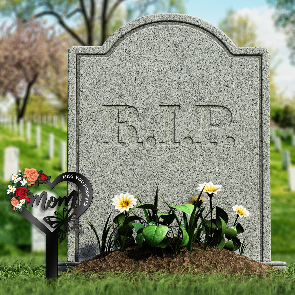 Hoemwarm cemetery card with floral embellishment—elegant memorial design for gardens or cemeteries.